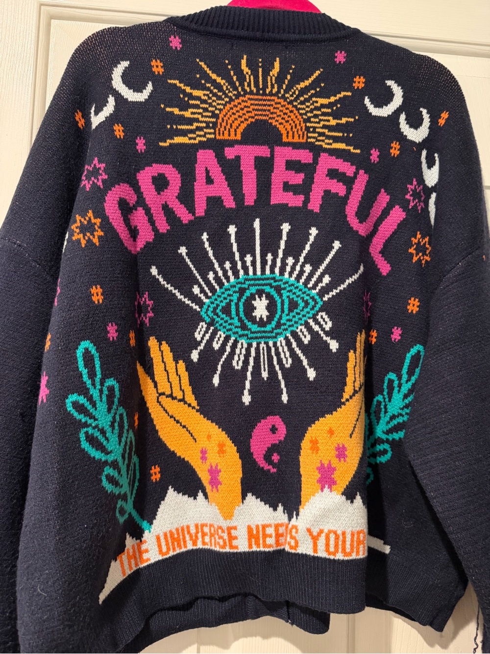 Spiritual Gangster Grateful Graphic Knit Sweater - Black with Pink & Teal